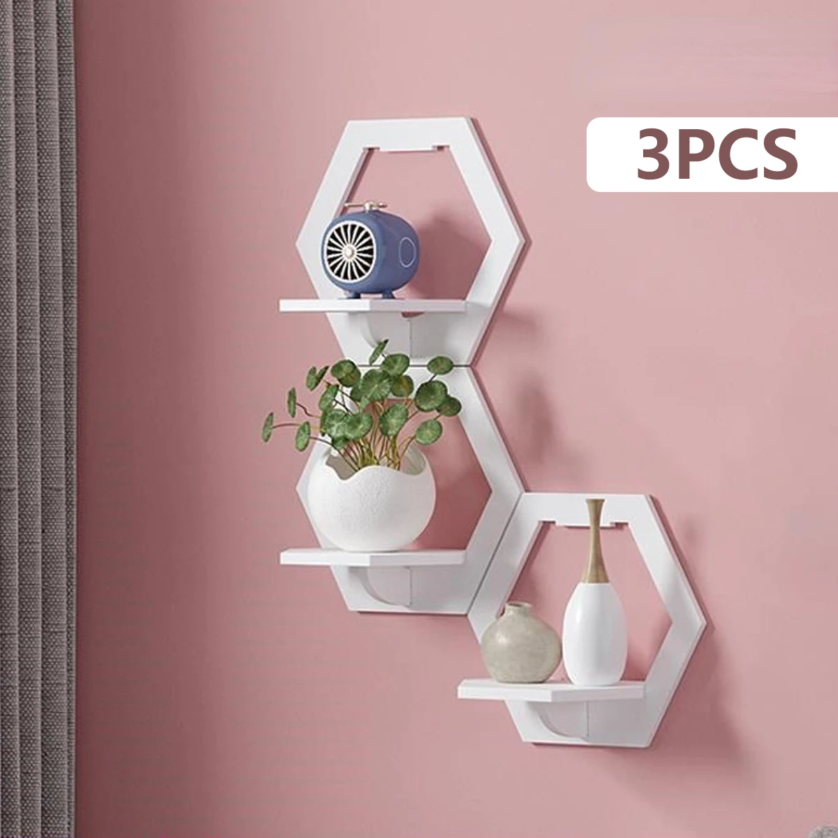 3Pcs Hexagon Wall Shelf Punch  - Terracotta Pot ulasan dan harga