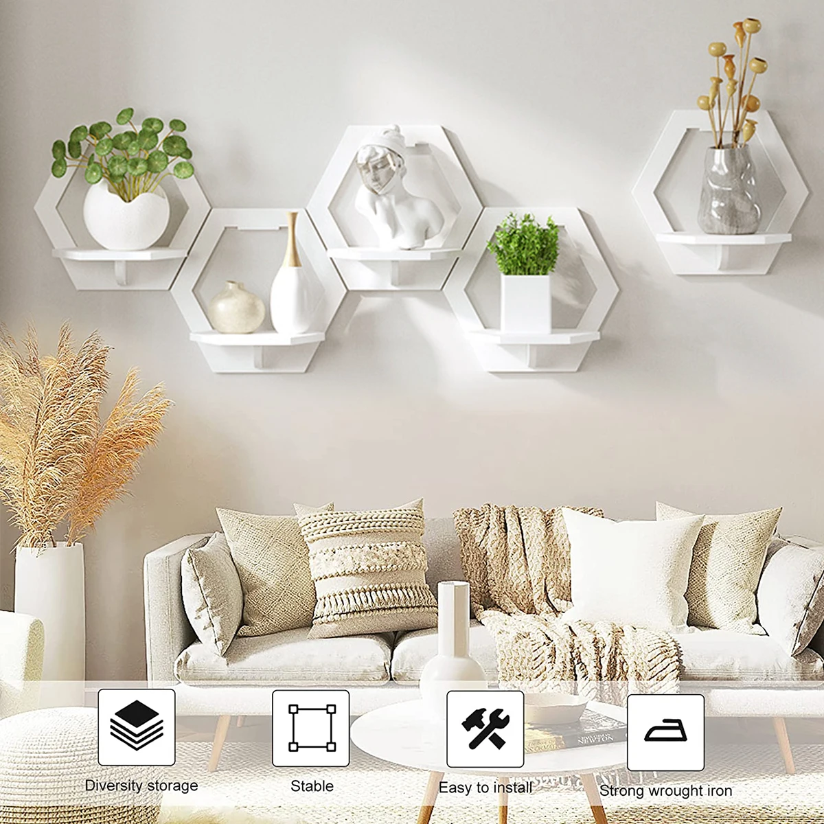 3Pcs Hexagon Wall Shelf Punch  - Terracotta Pot ulasan dan harga